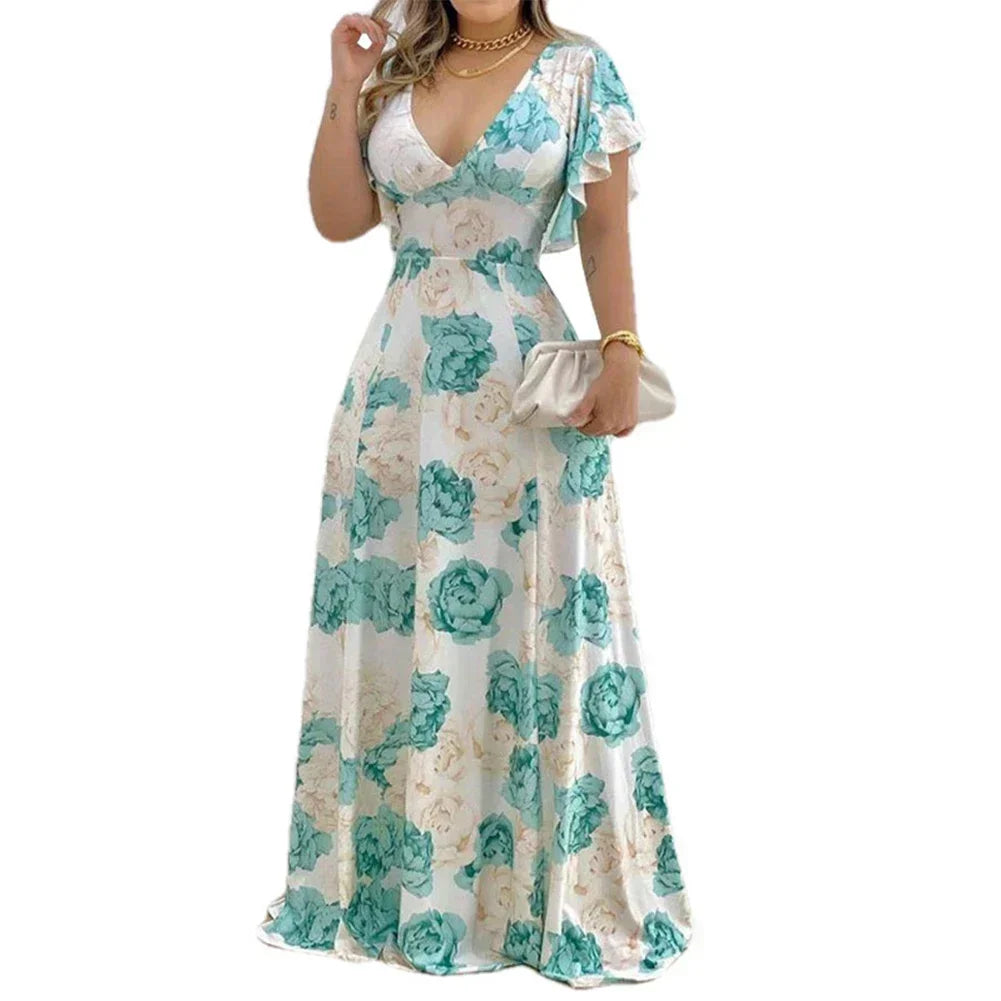 Flower Print Womens Dress Women Long Dress Beach Breathable Daily Elegant High Waist Holiday Maxi Dress Fashion