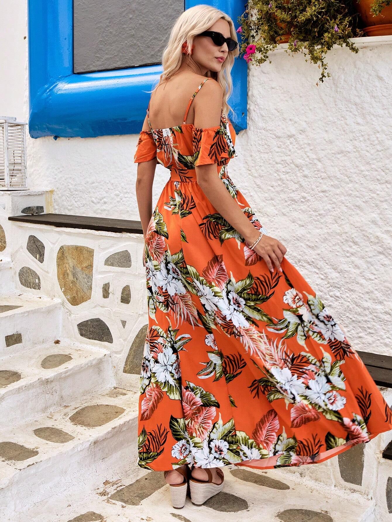 VCAY Holiday Woven Floral Wrap Style Jumpsuit Dress for Women