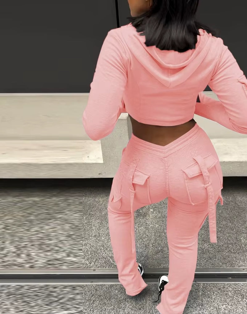 Elegant 2-Piece Sets for Women Autumn/Winter New Zipper Design Exposed Navel Hooded Sweatshirt Drawstring Pocket Work Pants Set
