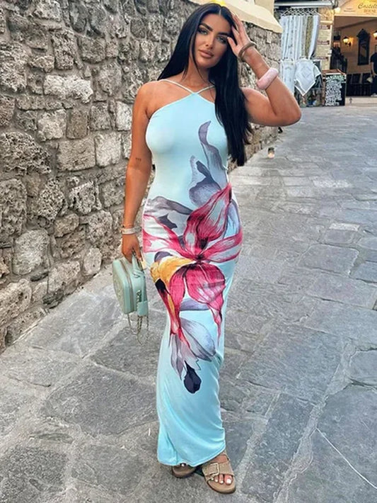 Summer Fashion Printed Dress Female Slim Halter Backless Patchwork Holiday Bandage Dress Women'S Lace-Up Maxi Dress 2024