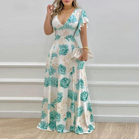 Flower Print Womens Dress Women Long Dress Beach Breathable Daily Elegant High Waist Holiday Maxi Dress Fashion