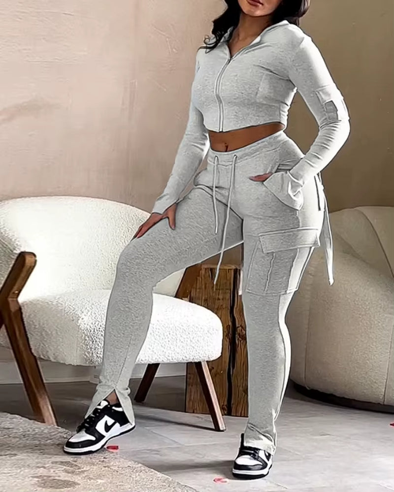 Elegant 2-Piece Sets for Women Autumn/Winter New Zipper Design Exposed Navel Hooded Sweatshirt Drawstring Pocket Work Pants Set