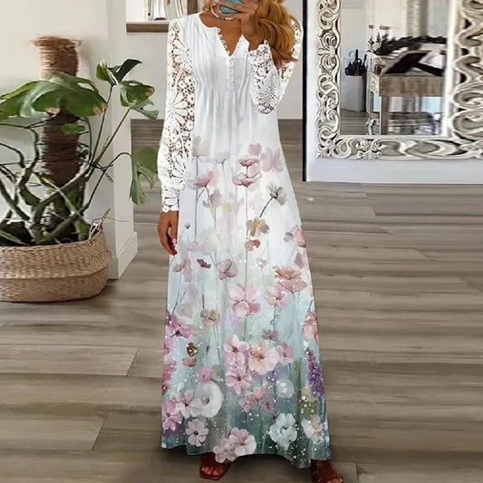 Spring Summer Floral Print Long Dress Boho V Neck Long Sleeve Lace Patchwork Party Dresses for Women Fashion Holiday Maxi Dress