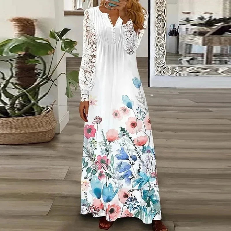 Spring Summer Floral Print Long Dress Boho V Neck Long Sleeve Lace Patchwork Party Dresses for Women Fashion Holiday Maxi Dress