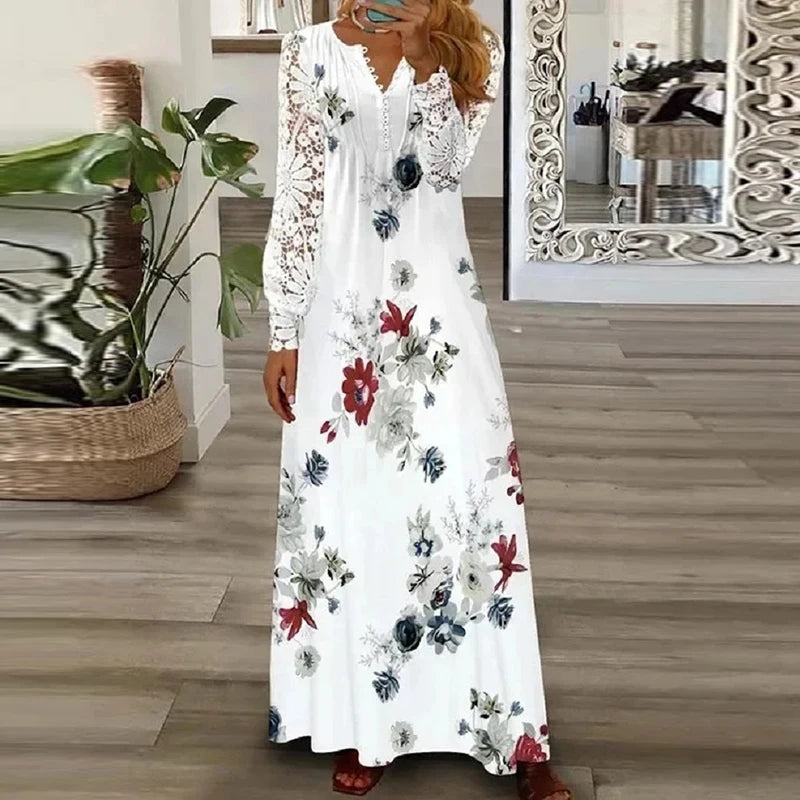 Spring Summer Floral Print Long Dress Boho V Neck Long Sleeve Lace Patchwork Party Dresses for Women Fashion Holiday Maxi Dress