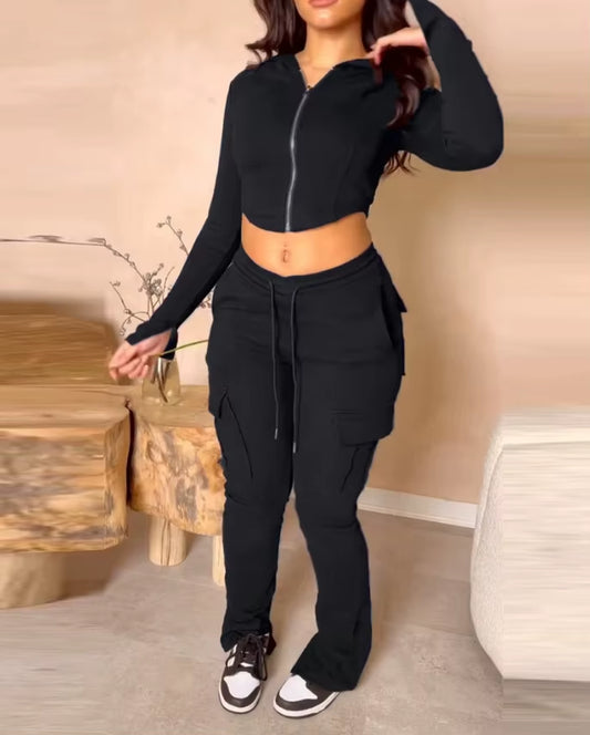 Elegant 2-Piece Sets for Women Autumn/Winter New Zipper Design Exposed Navel Hooded Sweatshirt Drawstring Pocket Work Pants Set