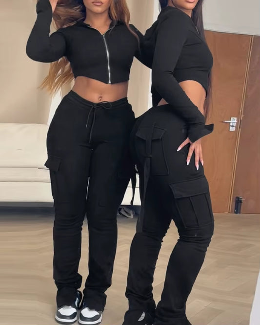 Elegant 2-Piece Sets for Women Autumn/Winter New Zipper Design Exposed Navel Hooded Sweatshirt Drawstring Pocket Work Pants Set