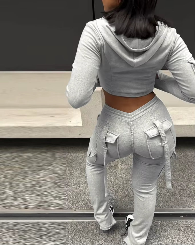 Elegant 2-Piece Sets for Women Autumn/Winter New Zipper Design Exposed Navel Hooded Sweatshirt Drawstring Pocket Work Pants Set