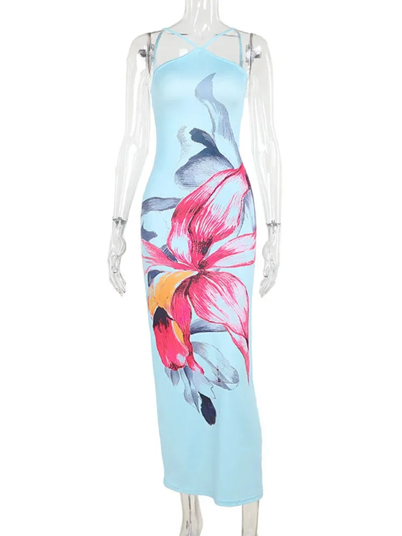 Summer Fashion Printed Dress Female Slim Halter Backless Patchwork Holiday Bandage Dress Women'S Lace-Up Maxi Dress 2024