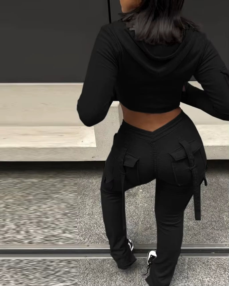 Elegant 2-Piece Sets for Women Autumn/Winter New Zipper Design Exposed Navel Hooded Sweatshirt Drawstring Pocket Work Pants Set
