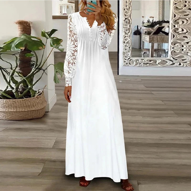 Spring Summer Floral Print Long Dress Boho V Neck Long Sleeve Lace Patchwork Party Dresses for Women Fashion Holiday Maxi Dress