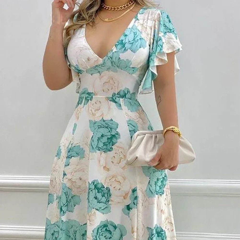 Flower Print Womens Dress Women Long Dress Beach Breathable Daily Elegant High Waist Holiday Maxi Dress Fashion