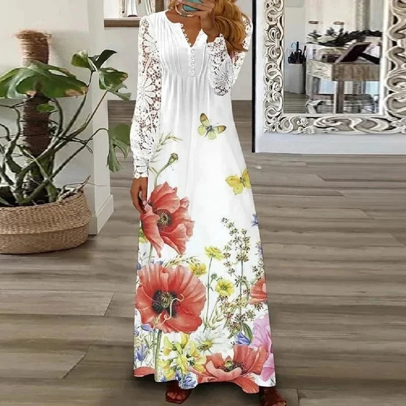 Spring Summer Floral Print Long Dress Boho V Neck Long Sleeve Lace Patchwork Party Dresses for Women Fashion Holiday Maxi Dress